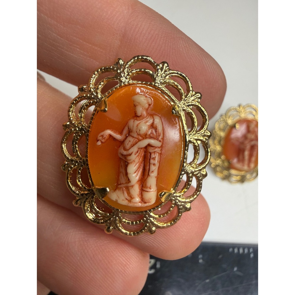Vintage Cameo Gold Tone Filigree Post Earrings Orange White Resin Cabochon Studs